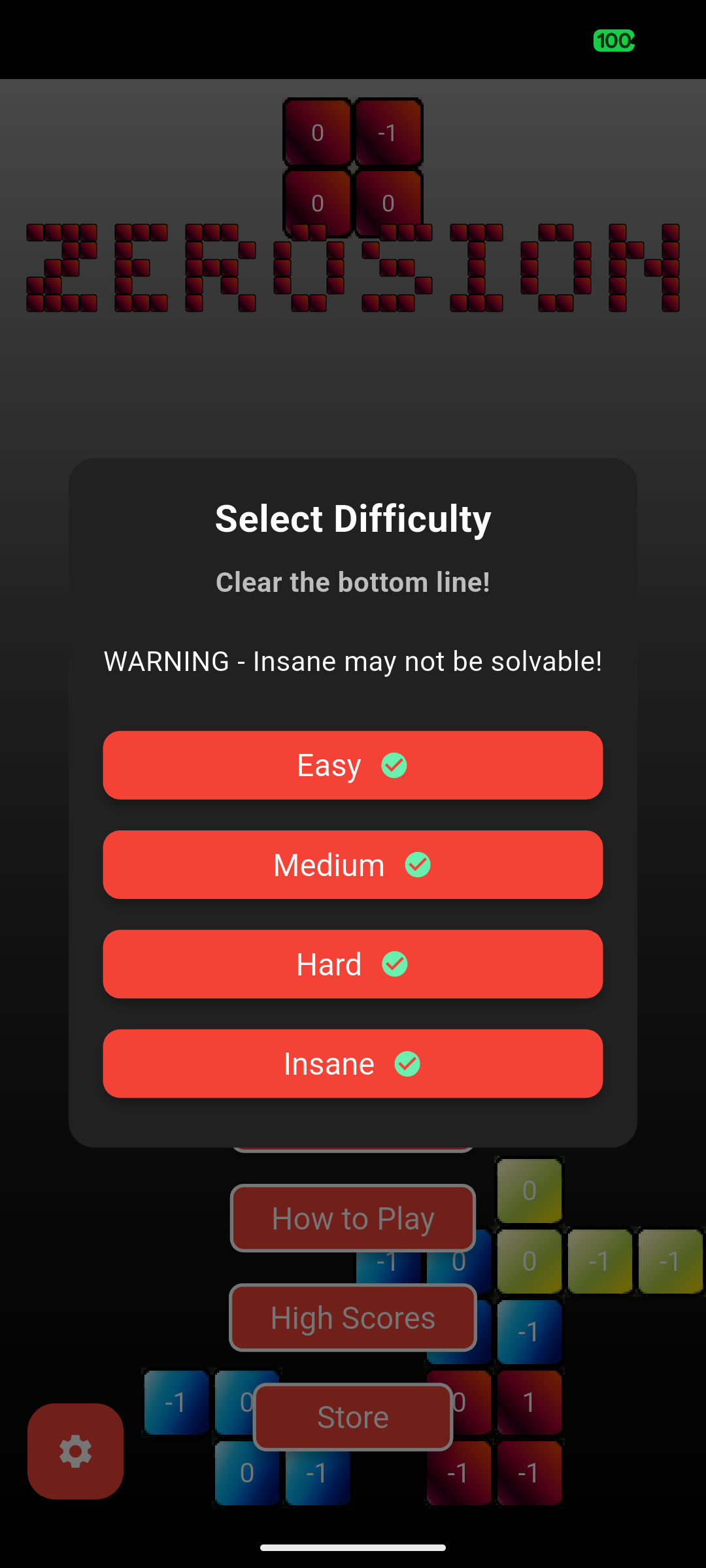 Zerosion mode select screen